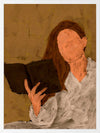 Figurative artwork depicting a faceless woman in a white blouse reading a book, set against a warm neutral background, from the Shatha collection with Urban Road.
