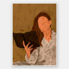 Figurative artwork depicting a faceless woman in a white blouse reading a book, set against a warm neutral background, from the Shatha collection with Urban Road.