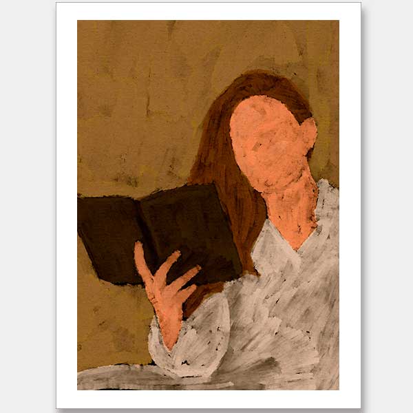 Figurative artwork depicting a faceless woman in a white blouse reading a book, set against a warm neutral background, from the Shatha collection with Urban Road.