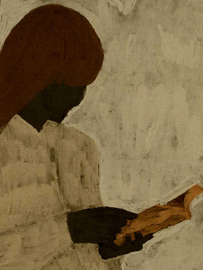 Minimalist artwork of a faceless woman with long brown hair reading a book in profile, set against a soft taupe background, from the Shatha collection with Urban Road.
