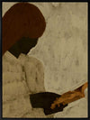 Minimalist artwork of a faceless woman with long brown hair reading a book in profile, set against a soft taupe background, from the Shatha collection with Urban Road.