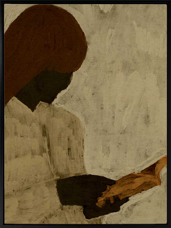 Minimalist artwork of a faceless woman with long brown hair reading a book in profile, set against a soft taupe background, from the Shatha collection with Urban Road.