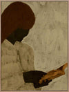 Minimalist artwork of a faceless woman with long brown hair reading a book in profile, set against a soft taupe background, from the Shatha collection with Urban Road.