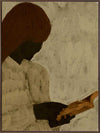 Minimalist artwork of a faceless woman with long brown hair reading a book in profile, set against a soft taupe background, from the Shatha collection with Urban Road.