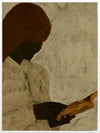 Minimalist artwork of a faceless woman with long brown hair reading a book in profile, set against a soft taupe background, from the Shatha collection with Urban Road.