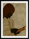 Minimalist artwork of a faceless woman with long brown hair reading a book in profile, set against a soft taupe background, from the Shatha collection with Urban Road.
