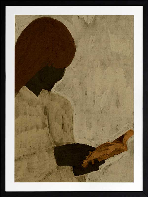 Minimalist artwork of a faceless woman with long brown hair reading a book in profile, set against a soft taupe background, from the Shatha collection with Urban Road.
