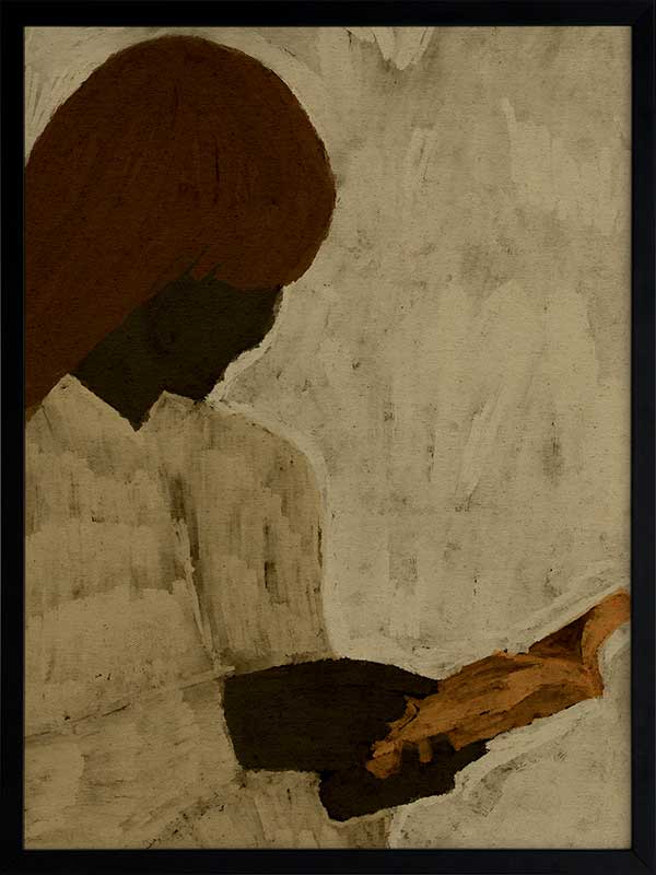 Minimalist artwork of a faceless woman with long brown hair reading a book in profile, set against a soft taupe background, from the Shatha collection with Urban Road.