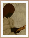 Minimalist artwork of a faceless woman with long brown hair reading a book in profile, set against a soft taupe background, from the Shatha collection with Urban Road.