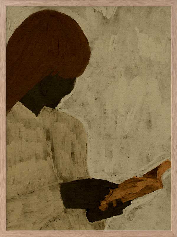 Minimalist artwork of a faceless woman with long brown hair reading a book in profile, set against a soft taupe background, from the Shatha collection with Urban Road.