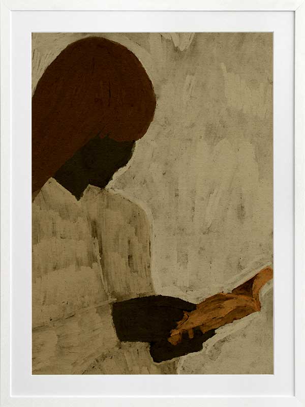 Minimalist artwork of a faceless woman with long brown hair reading a book in profile, set against a soft taupe background, from the Shatha collection with Urban Road.
