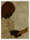 Minimalist artwork of a faceless woman with long brown hair reading a book in profile, set against a soft taupe background, from the Shatha collection with Urban Road.
