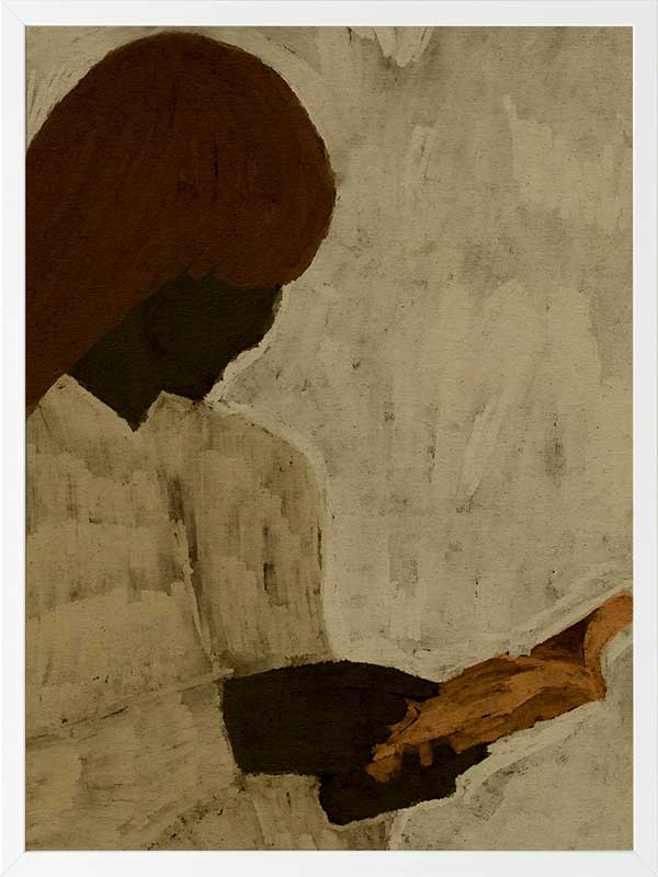 Minimalist artwork of a faceless woman with long brown hair reading a book in profile, set against a soft taupe background, from the Shatha collection with Urban Road.