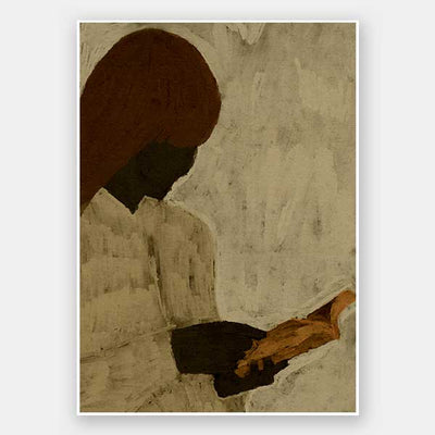 Minimalist artwork of a faceless woman with long brown hair reading a book in profile, set against a soft taupe background, from the Shatha collection with Urban Road.