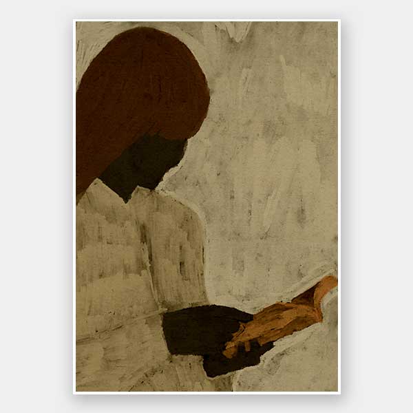 Minimalist artwork of a faceless woman with long brown hair reading a book in profile, set against a soft taupe background, from the Shatha collection with Urban Road.