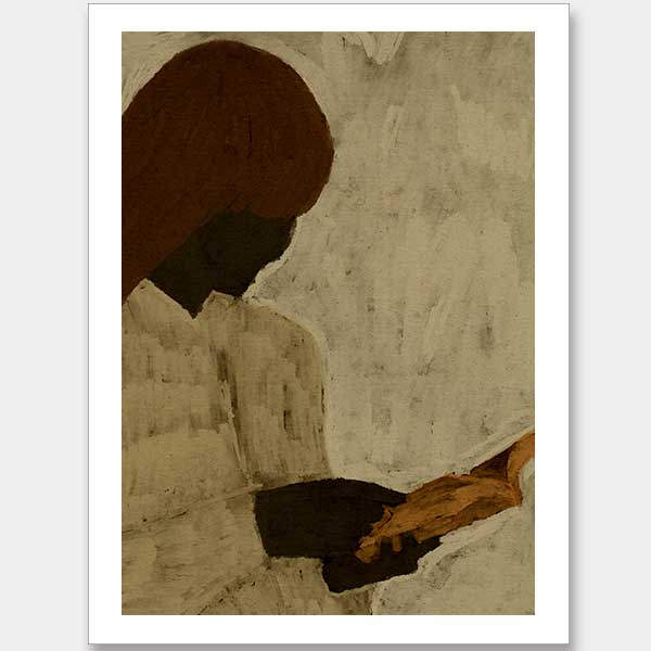 Minimalist artwork of a faceless woman with long brown hair reading a book in profile, set against a soft taupe background, from the Shatha collection with Urban Road.