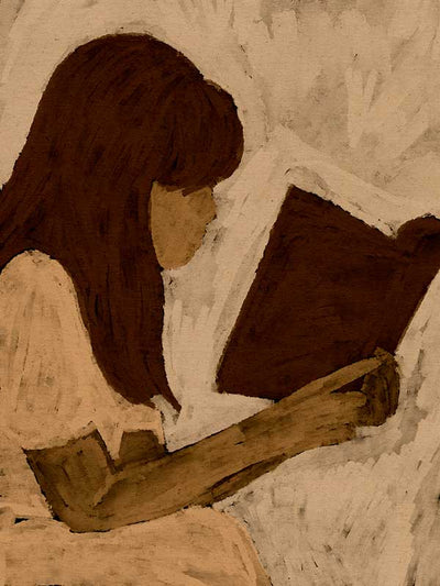 Figurative piece showing a seated woman with auburn hair and a white dress reading a book, depicted in muted earthy tones, from the Shatha collection with Urban Road.