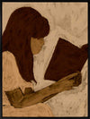 Figurative piece showing a seated woman with auburn hair and a white dress reading a book, depicted in muted earthy tones, from the Shatha collection with Urban Road.