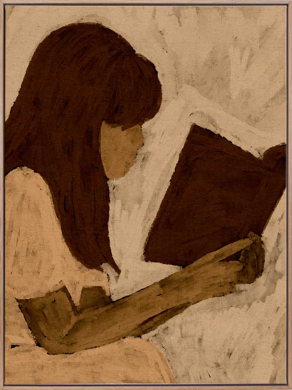 Figurative piece showing a seated woman with auburn hair and a white dress reading a book, depicted in muted earthy tones, from the Shatha collection with Urban Road.