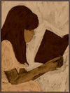 Figurative piece showing a seated woman with auburn hair and a white dress reading a book, depicted in muted earthy tones, from the Shatha collection with Urban Road.