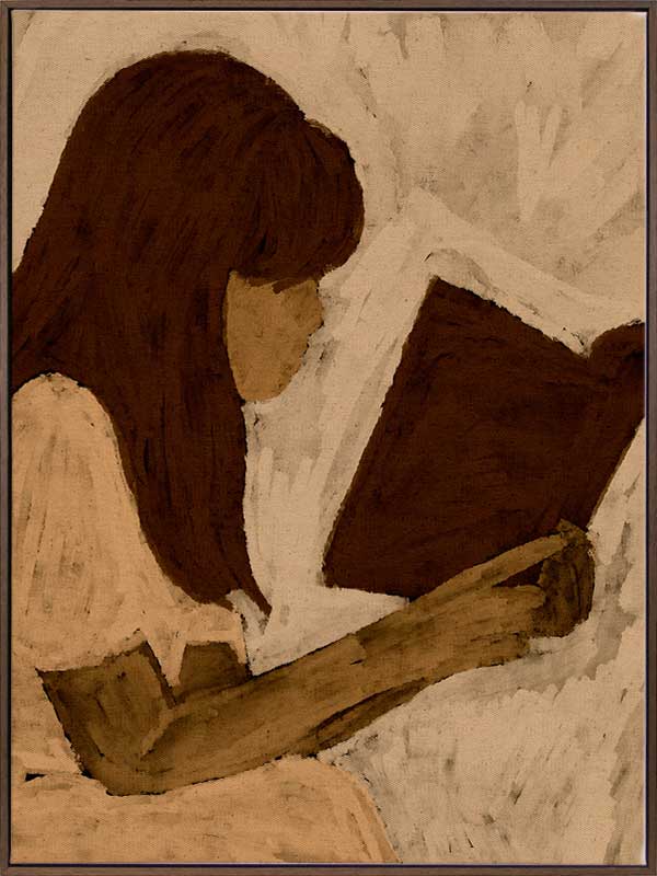 Figurative piece showing a seated woman with auburn hair and a white dress reading a book, depicted in muted earthy tones, from the Shatha collection with Urban Road.