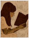 Figurative piece showing a seated woman with auburn hair and a white dress reading a book, depicted in muted earthy tones, from the Shatha collection with Urban Road.