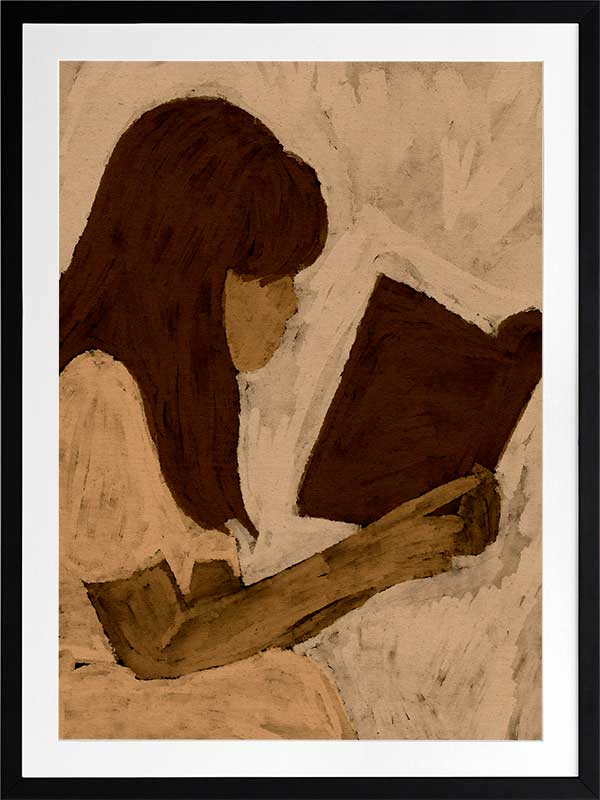 Figurative piece showing a seated woman with auburn hair and a white dress reading a book, depicted in muted earthy tones, from the Shatha collection with Urban Road.