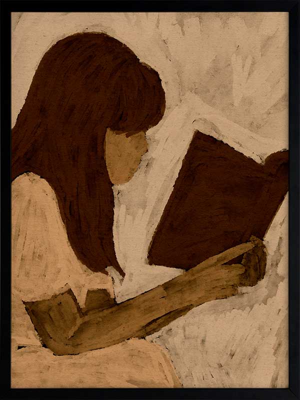 Figurative piece showing a seated woman with auburn hair and a white dress reading a book, depicted in muted earthy tones, from the Shatha collection with Urban Road.