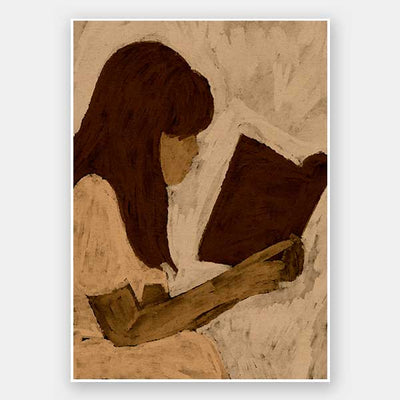 Figurative piece showing a seated woman with auburn hair and a white dress reading a book, depicted in muted earthy tones, from the Shatha collection with Urban Road.