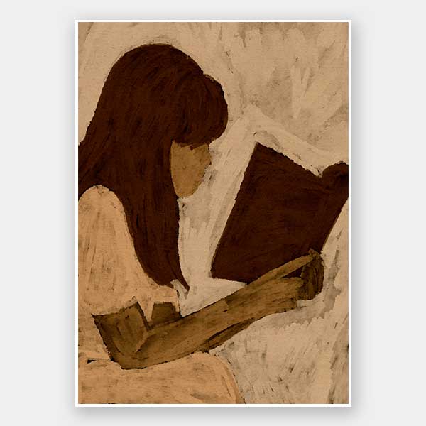 Figurative piece showing a seated woman with auburn hair and a white dress reading a book, depicted in muted earthy tones, from the Shatha collection with Urban Road.