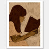 Figurative piece showing a seated woman with auburn hair and a white dress reading a book, depicted in muted earthy tones, from the Shatha collection with Urban Road.