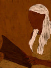 Stylised portrait of a woman with white hair reading a dark book against a warm terracotta backdrop, from the Shatha collection with Urban Road.