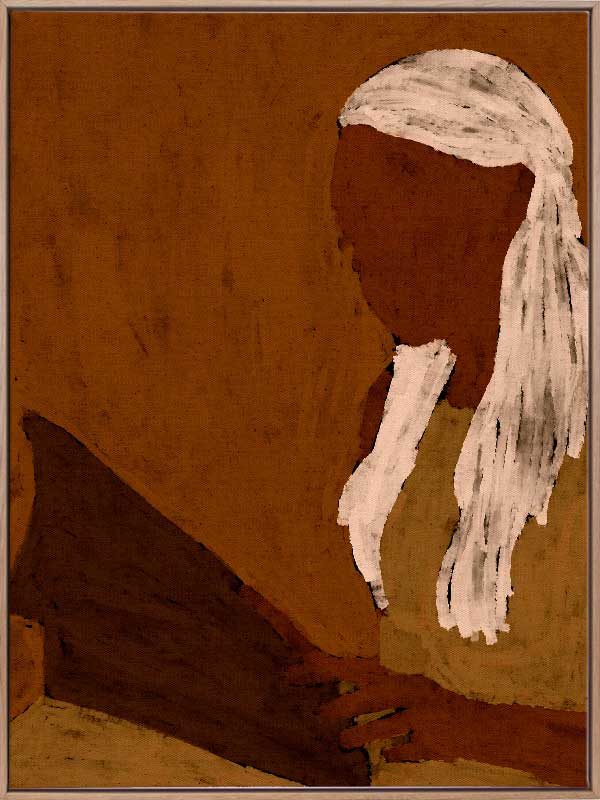 Stylised portrait of a woman with white hair reading a dark book against a warm terracotta backdrop, from the Shatha collection with Urban Road.