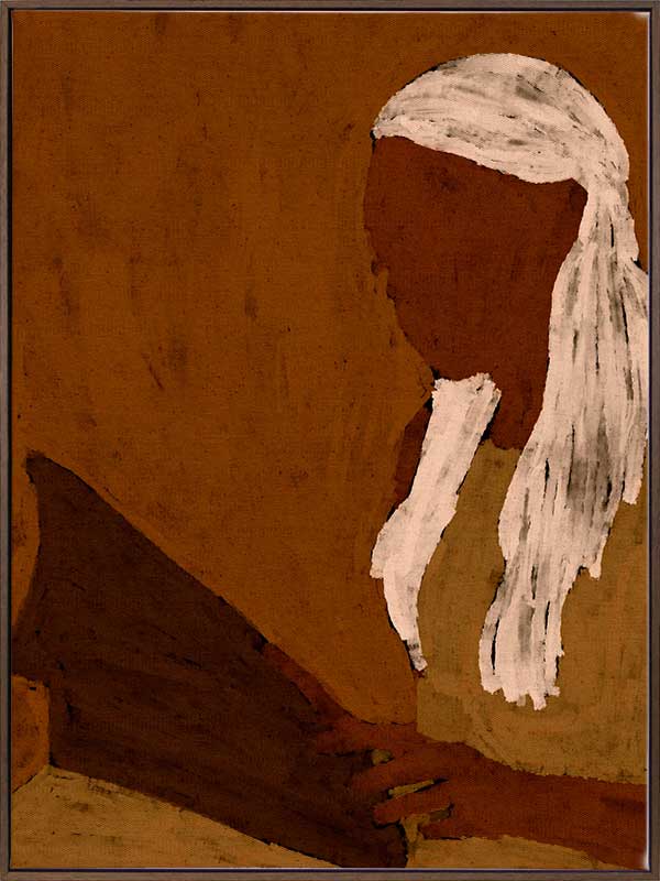 Stylised portrait of a woman with white hair reading a dark book against a warm terracotta backdrop, from the Shatha collection with Urban Road.