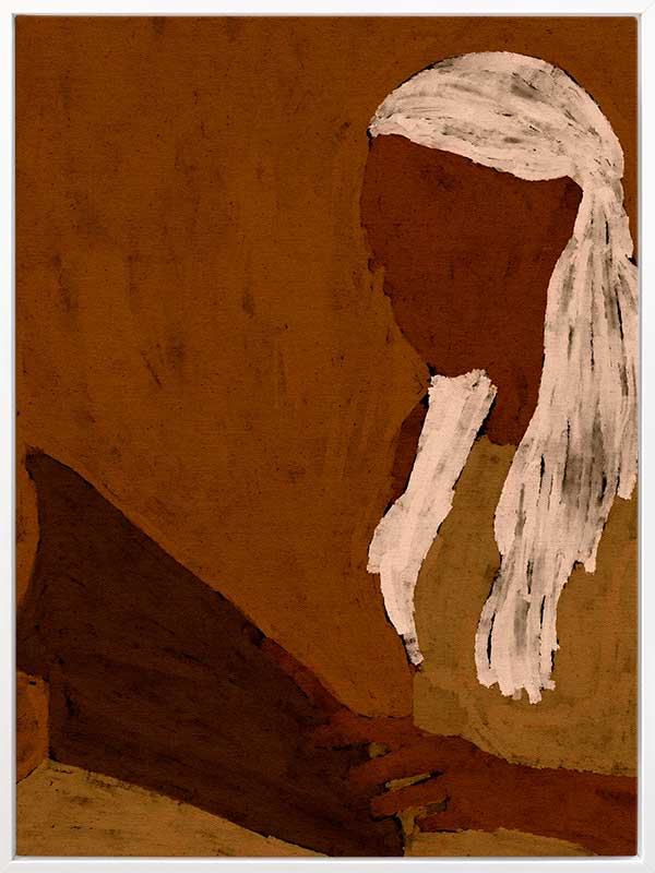 Stylised portrait of a woman with white hair reading a dark book against a warm terracotta backdrop, from the Shatha collection with Urban Road.