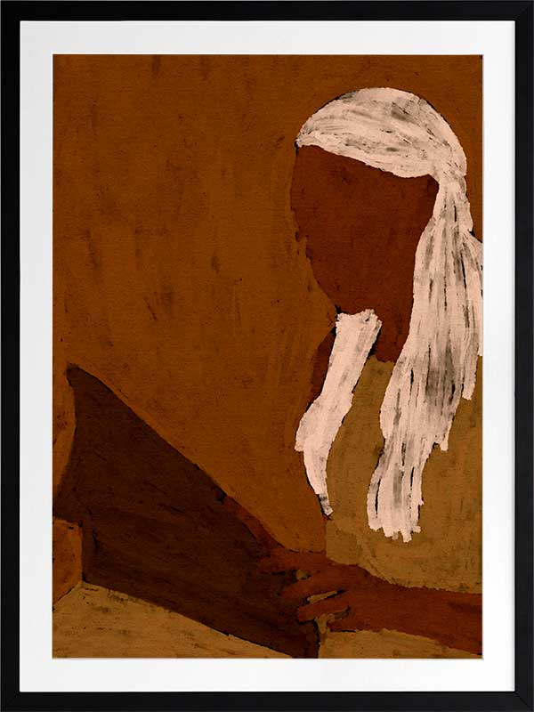 Stylised portrait of a woman with white hair reading a dark book against a warm terracotta backdrop, from the Shatha collection with Urban Road.