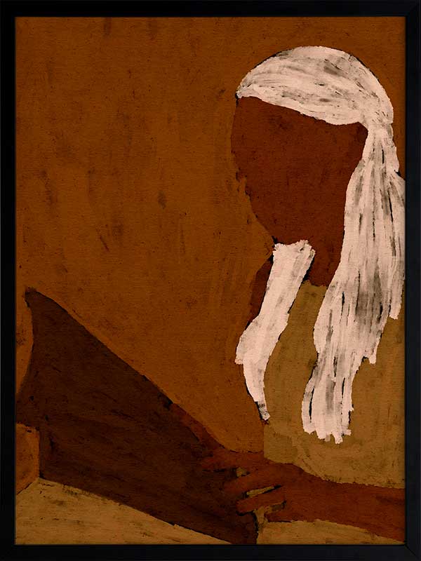 Stylised portrait of a woman with white hair reading a dark book against a warm terracotta backdrop, from the Shatha collection with Urban Road.