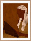Stylised portrait of a woman with white hair reading a dark book against a warm terracotta backdrop, from the Shatha collection with Urban Road.