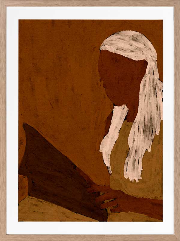 Stylised portrait of a woman with white hair reading a dark book against a warm terracotta backdrop, from the Shatha collection with Urban Road.