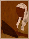 Stylised portrait of a woman with white hair reading a dark book against a warm terracotta backdrop, from the Shatha collection with Urban Road.
