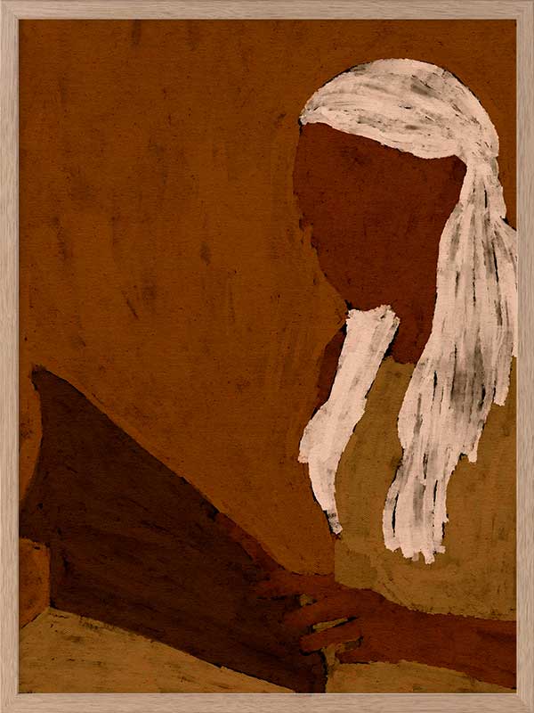 Stylised portrait of a woman with white hair reading a dark book against a warm terracotta backdrop, from the Shatha collection with Urban Road.