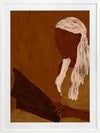 Stylised portrait of a woman with white hair reading a dark book against a warm terracotta backdrop, from the Shatha collection with Urban Road.