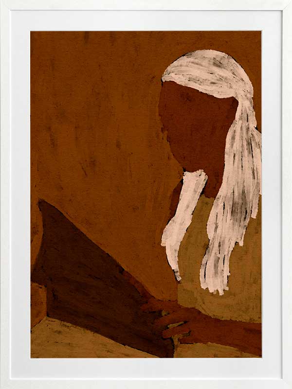 Stylised portrait of a woman with white hair reading a dark book against a warm terracotta backdrop, from the Shatha collection with Urban Road.