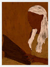 Stylised portrait of a woman with white hair reading a dark book against a warm terracotta backdrop, from the Shatha collection with Urban Road.