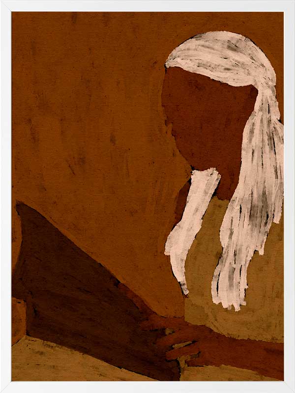 Stylised portrait of a woman with white hair reading a dark book against a warm terracotta backdrop, from the Shatha collection with Urban Road.
