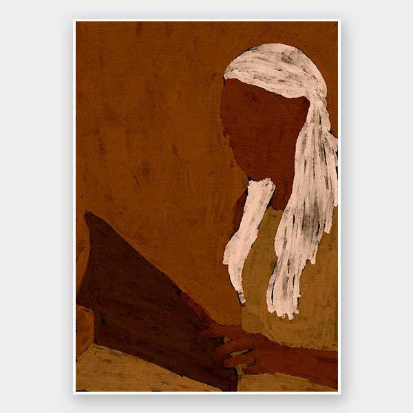 Stylised portrait of a woman with white hair reading a dark book against a warm terracotta backdrop, from the Shatha collection with Urban Road.
