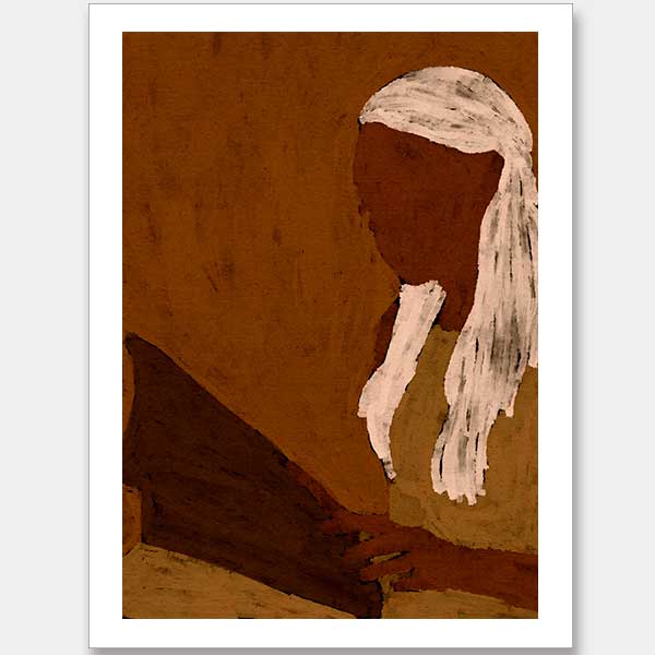 Stylised portrait of a woman with white hair reading a dark book against a warm terracotta backdrop, from the Shatha collection with Urban Road.