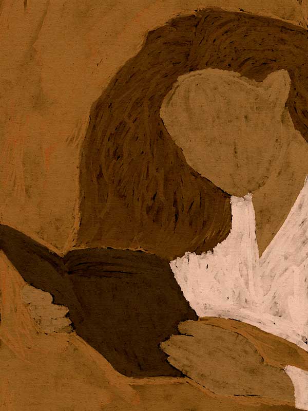 Abstracted illustration of a woman with curly brown hair in a white top reading a book in profile, rendered in warm neutral tones, from the Shatha collection with Urban Road.