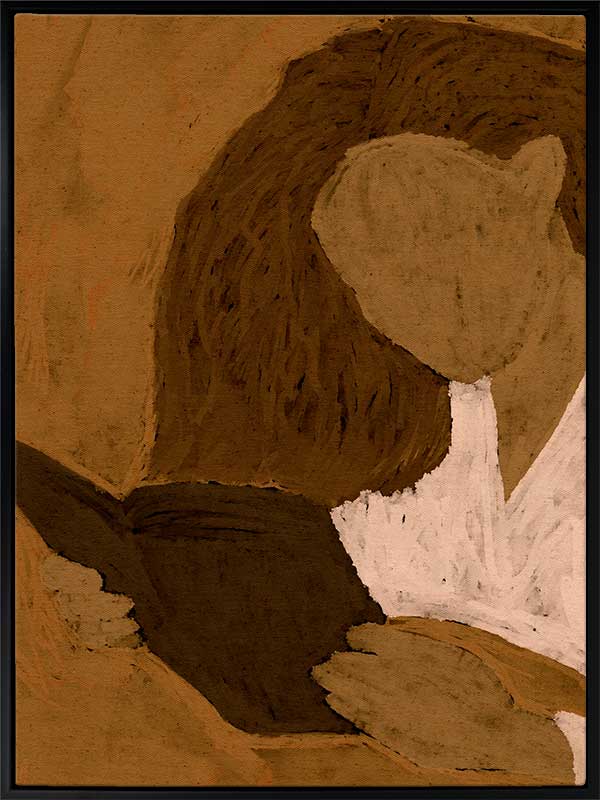 Abstracted illustration of a woman with curly brown hair in a white top reading a book in profile, rendered in warm neutral tones, from the Shatha collection with Urban Road.