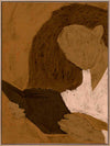 Abstracted illustration of a woman with curly brown hair in a white top reading a book in profile, rendered in warm neutral tones, from the Shatha collection with Urban Road.